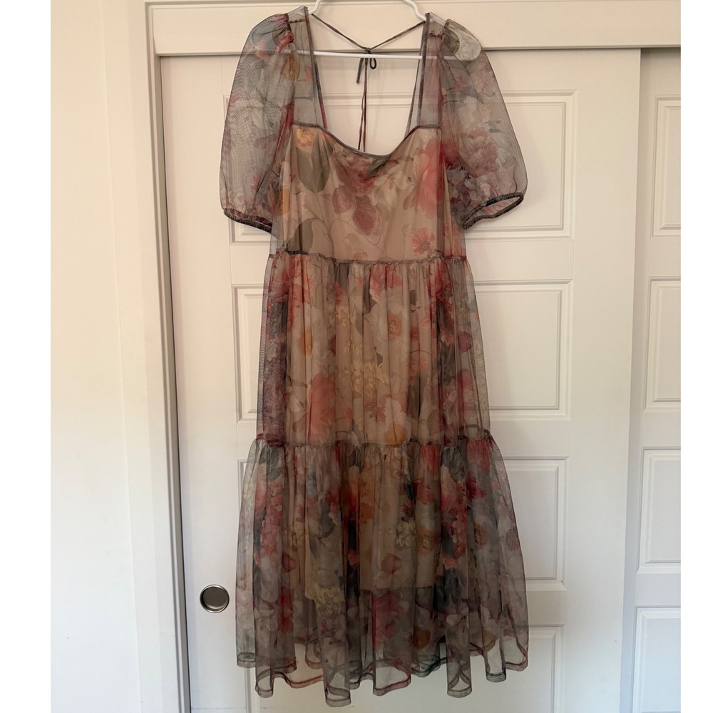 H&M sz M Sheer Floral Puff Sleeve Tiered Tulle Midi Maxi Dress Whimsical Fairy - Picture 10 of 14